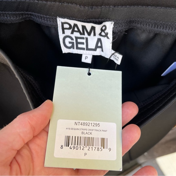 Pam & Gela Wm's Sequined Stripe Crop Track Pant NWT In Black Sz O/XS - Picture 7 of 16